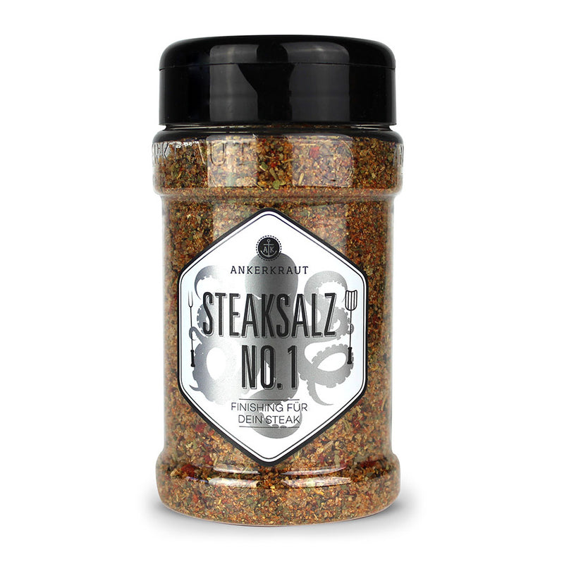 Ankerkraut Steak Salz im Gewürzstreuer vor weißem Hintergrund.