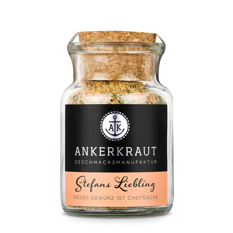 Ankerkraut Stefans Liebling Gewürz im Korkenglas auf weißem Hintergrund.