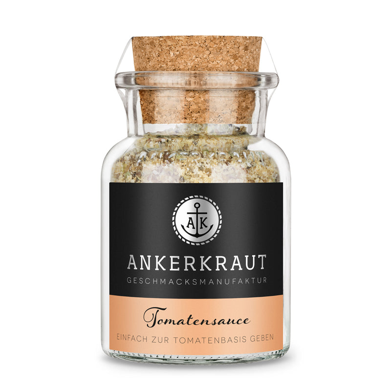 Tomatensauce Gewürze von Ankerkraut im Korkenglas auf weißem Hintergrund.