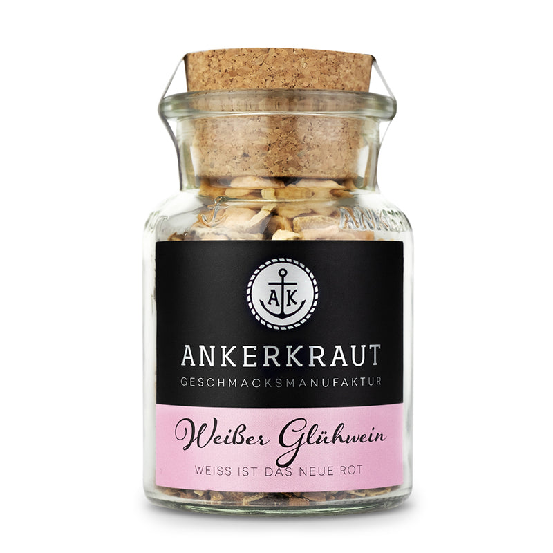 Weißes Glühweingewürz von Ankerkraut im Korkenglas auf weißem Hintergrund.