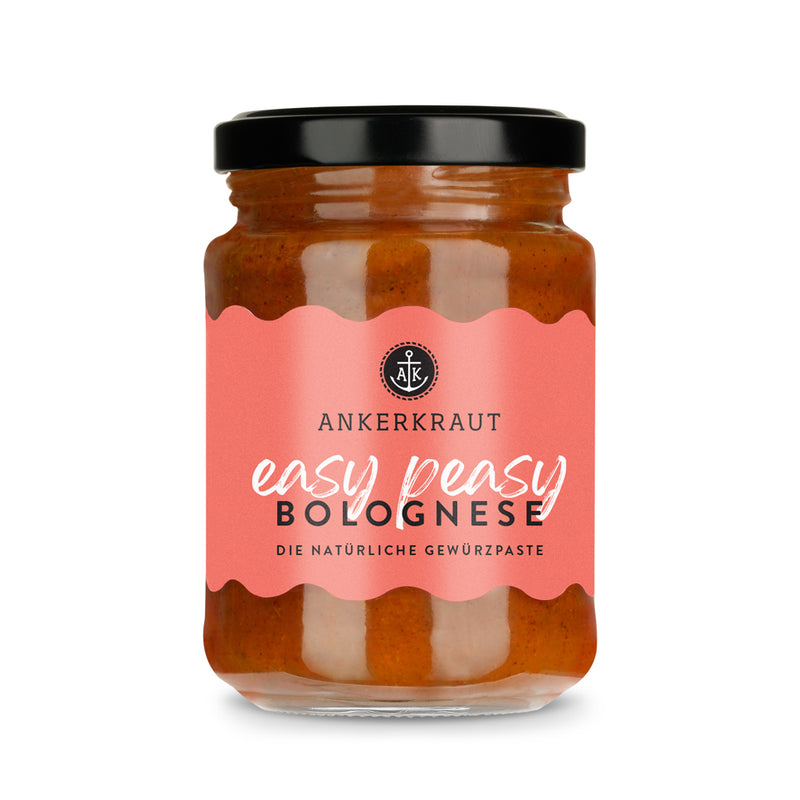 Würzpaste Bolognese von Ankerkraut im Glas auf weißem Hintergrund.